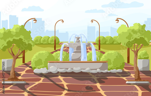 City park summer or spring time scenery landscape. Cityscape background, empty public place for walking, recreation with green trees and bushes, water fountain in center of square. Vector illustration