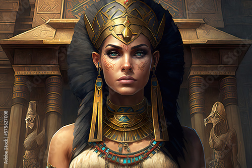 Fotografiet Ancient Egyptian Queen with Ornate Headdress and Jewelry