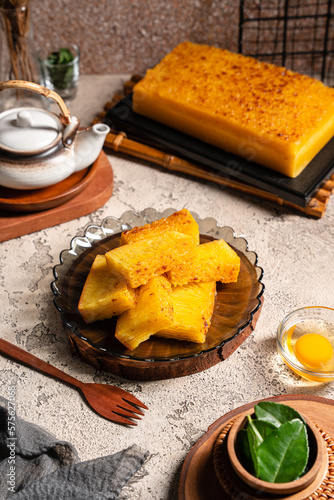 Bika ambon or golden cake or golden kuih bingka in Singapore, is an Indonesian dessert, made from ingredients such as tapioca flour, eggs, sugar, yeast and coconut milk.