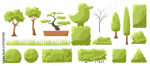 Set of design elements for City Park isolated on white background. Collection with decorative icons of trees, different forms bushes for Public Park or cityscape and urban garden. Vector illustration