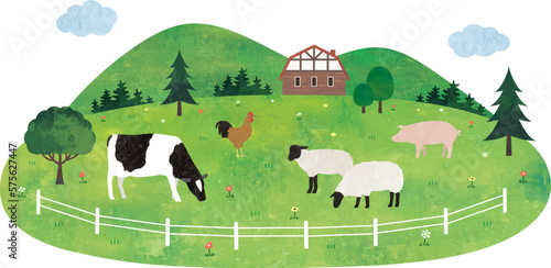 牛と豚と羊と鶏のいる観光牧場水彩画 Fototapet