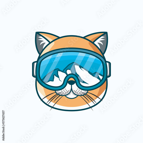Cat Snowboard Skiing Wearing Ski Goggles. Vector design template