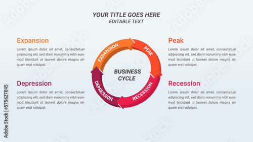 Business Cycle Circular Infographic Design Template with Four Options and Arrow. Editable Infographic with 4 Steps for Presentations, Finance Report, Web Design, and Yearly Report.