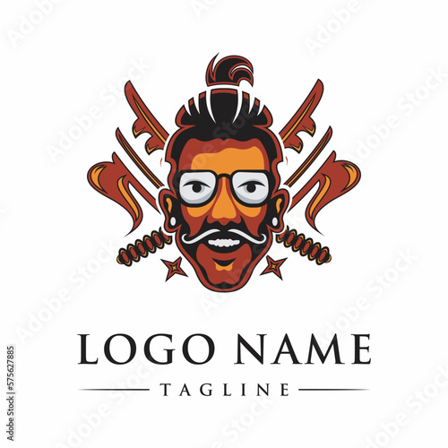 japanese samurai logo illustration with samurai sword and headmaster elements. vector template

