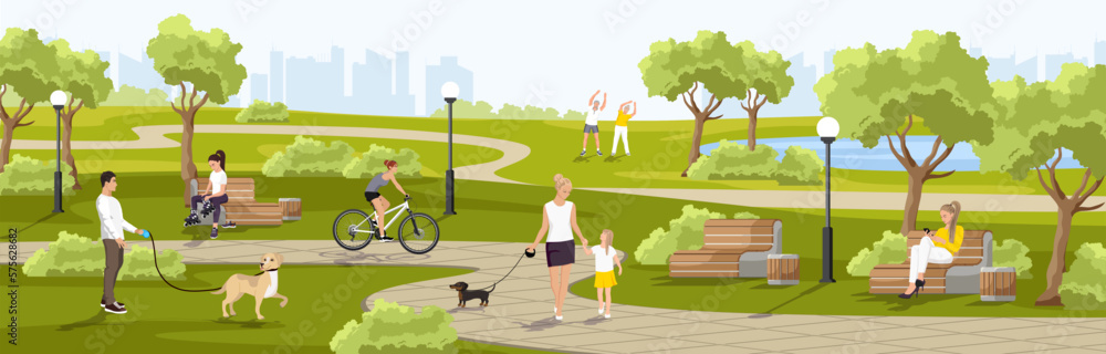 People walking with dogs in City Park. Scene weekend in the cityscape. Woman seating on wooden bench. Public place for relax and recreation with green trees and bushes. Panoramic vector illustration - obrazy, fototapety, plakaty 