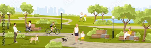 People walking with dogs in City Park. Scene weekend in the cityscape. Woman seating on wooden bench. Public place for relax and recreation with green trees and bushes. Panoramic vector illustration