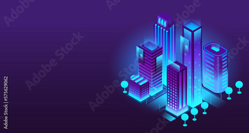 Futuristic banner with city buildings isometric design. Office and commercial building in 3d neon style. Urban cityscape concept, web design. Urban architecture of street elements. Vector illustration