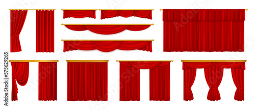 Luxury scarlet red silk velvet curtains and draperies interior decoration. Set of design ideas for theatre stage interior. Realistic icons collection isolated on white background. Vector illustration