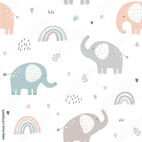 Seamless pattern with cute elephant on white background. Vector illustration in flat style.
