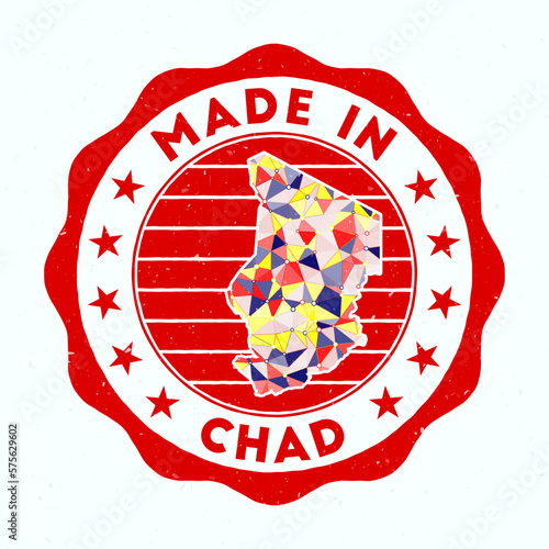 Made in Chad. Country round stamp. Seal of Chad with border shape. Vintage badge with circular text and stars. Vector illustration.