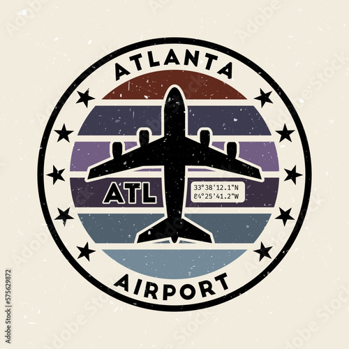 Atlanta airport insignia. Round badge with vintage stripes, airplane shape, airport IATA code and GPS coordinates. Artistic vector illustration.