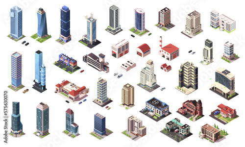 Fototapeta Naklejka Na Ścianę i Meble -  Isometric skyscrapers and city buildings big collection. Set of business office or commercial towers. City development in 3d. Finance cityscape architecture, elements shape of map. Vector illustration