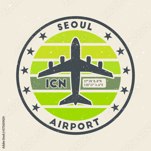 Seoul airport insignia. Round badge with vintage stripes, airplane shape, airport IATA code and GPS coordinates. Astonishing vector illustration.