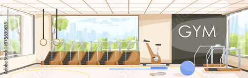 City sport club empty interior. Fitness equipment and gym machines for body workout and exercises with weights indoor room. Professional treadmill, bicycle, stepper and blue ball. Vector illustration