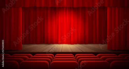 Red stage velvet curtain and wooden podium. Theater or opera scene drape backdrop in vintage style. Grand opening premiere backstage. Portiere for ceremony of awards performance. Vector illustration