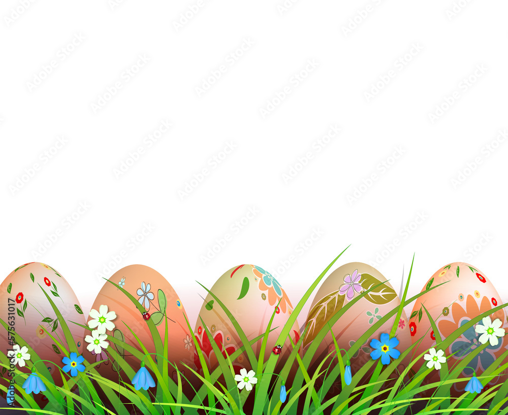 Easter composition, patterned eggs are drawn in the grass with flowers.