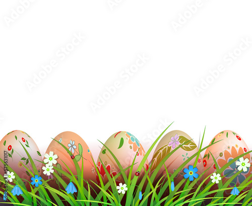 Easter composition, patterned eggs are drawn in the grass with flowers.