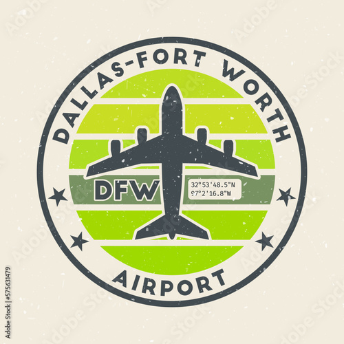 Dallas-Fort Worth airport insignia. Round badge with vintage stripes, airplane shape, airport IATA code, and GPS coordinates. Awesome vector illustration.