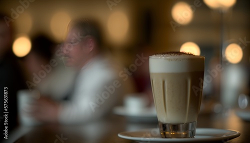 a CUP of Cappuccino; Glass of Maciato, in a modern upscale restaurant photo