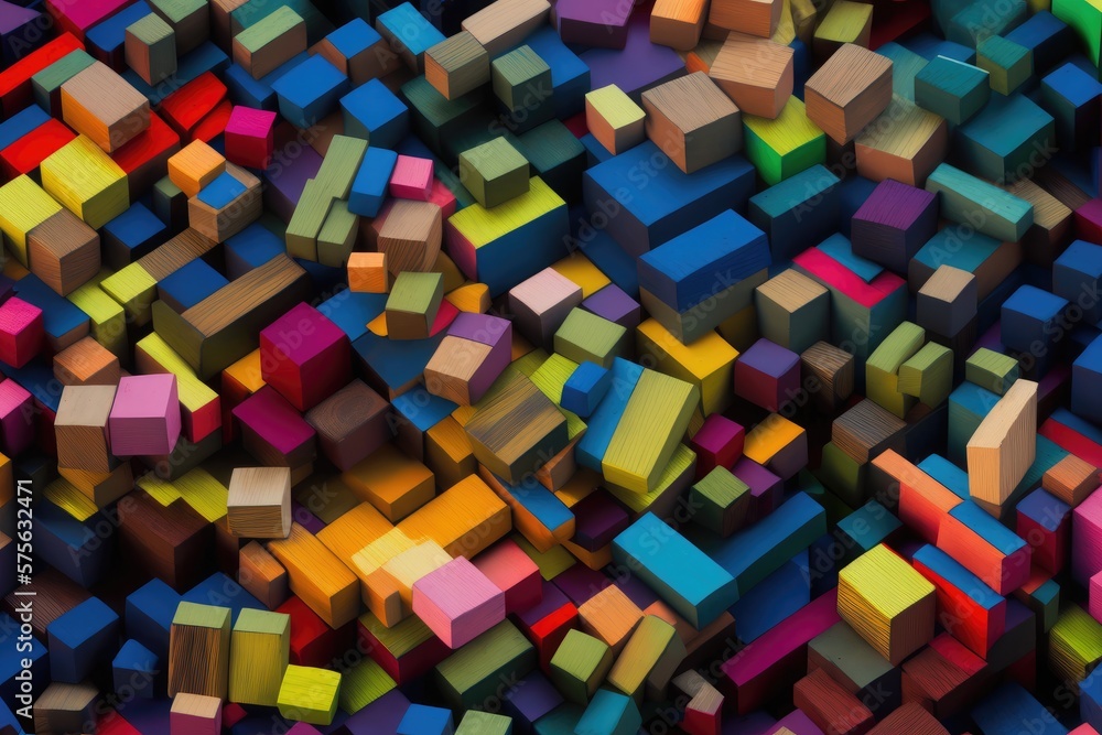 3d background with an aerial view of colorful geometric wooden blocks. AI-generated 3d background with an aerial view of colorful geometric wooden blocks. AI-generated