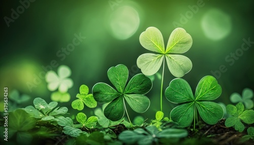Saint Patrick's Day Clover Background with Bokeh. Generative AI.