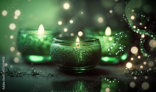 Green Candles for Saint Patrick's Day Clover Background. Generative AI.