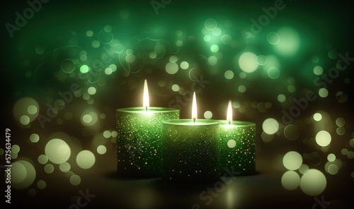 Green Candles for Saint Patrick's Day Clover Background. Generative AI.