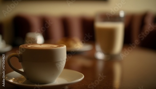 a CUP of Cappuccino; Glass of Maciato, in a modern upscale restaurant photo