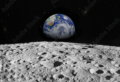 Planet Earth as seen from surface of The Moon.  Elements of this image furnished by NASA.