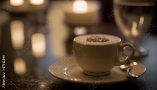 a CUP of Cappuccino; Glass of Maciato, in a modern upscale restaurant photo