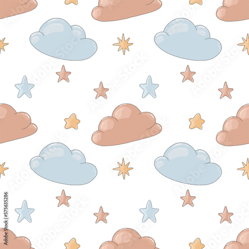 Cute seamless pattern with pink and blue clouds. Vector iilustration