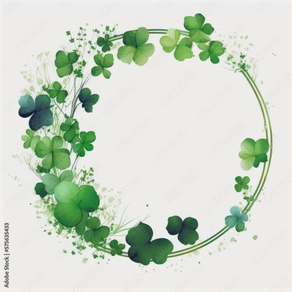 Circular Clover Wreath Isolated on White Background. Concept for Saint Patrick's Day Invitation. Generative AI.