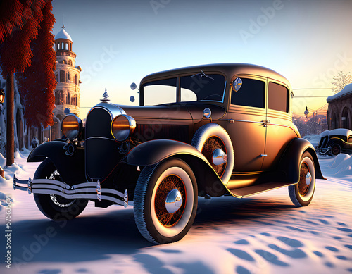1930's Car in the city. Winter, sunrise. © Mucho