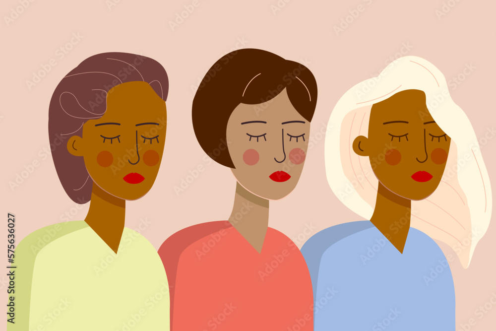 illustrative vector of three women, half body, eyes closed, united by feminism illustrative vector of three women, half body, eyes closed, united by feminism