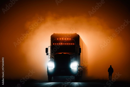 Truck in the fog on road. Generative AI