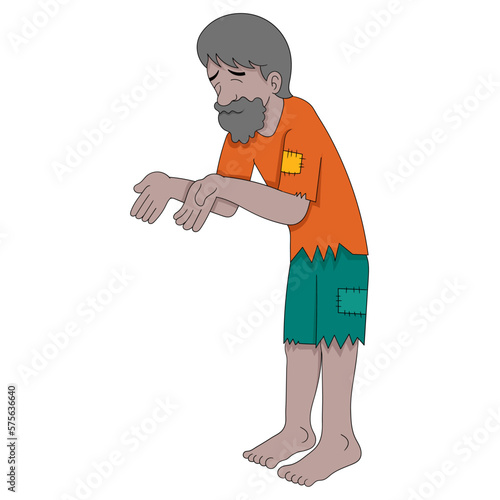 an old man in ugly black clothes was begging for help