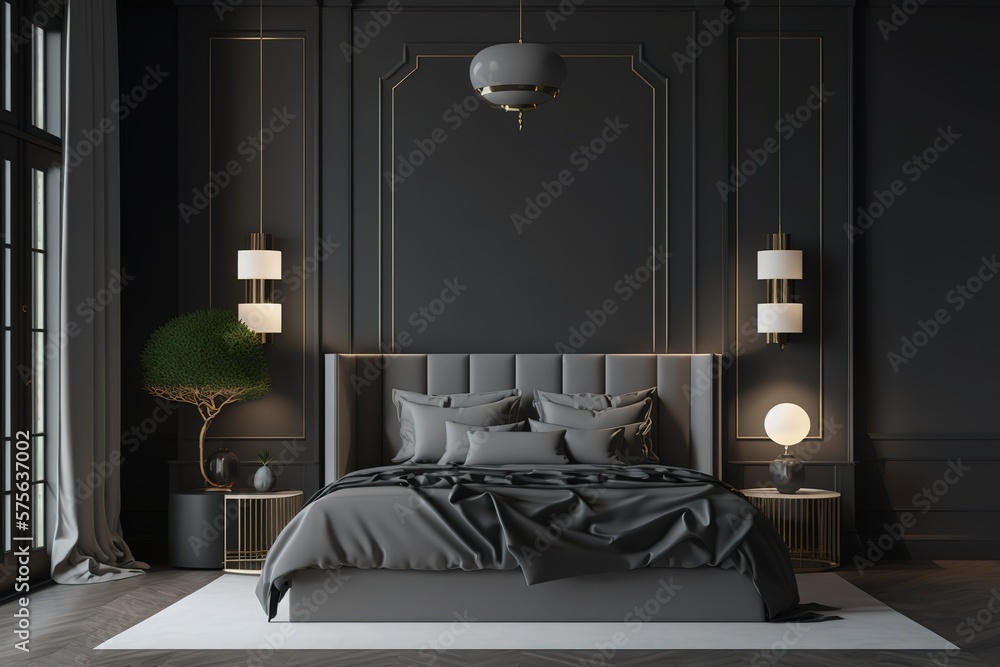 Luxurious large bedroom with black dark gray walls and a bed. Deep rich ...