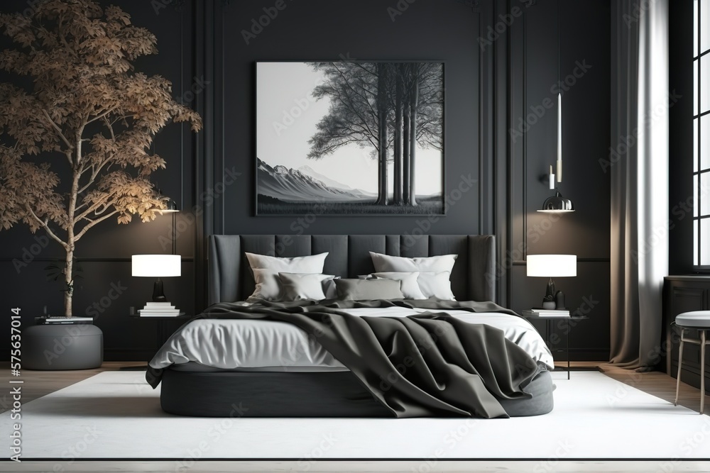 Luxurious large bedroom with black dark gray walls and a bed. Deep rich