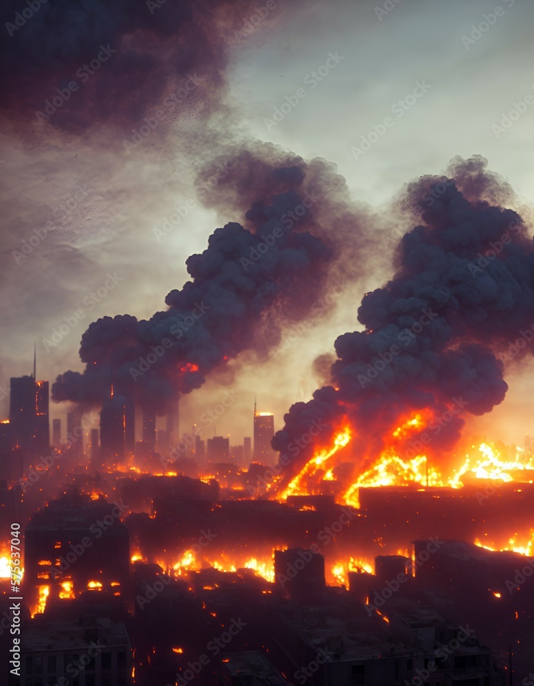 Apocalyptic view of burning city buildings post-apocalypse, generative AI