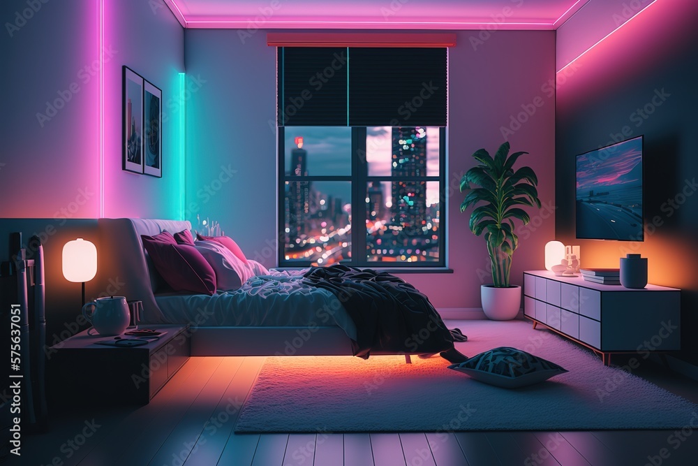 Modern bedroom interior with neon lights glowing ambient in the evening  window city view. Bed, carpet, smart tv. Luxurious stylish apartment  interior. Smart home concept with neon light colours Stock Illustration