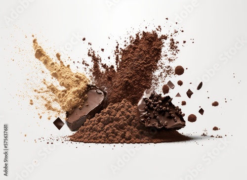 Cacao and chocolate explosion. Powder, particles and splashes isolated on white background. Generative AI.