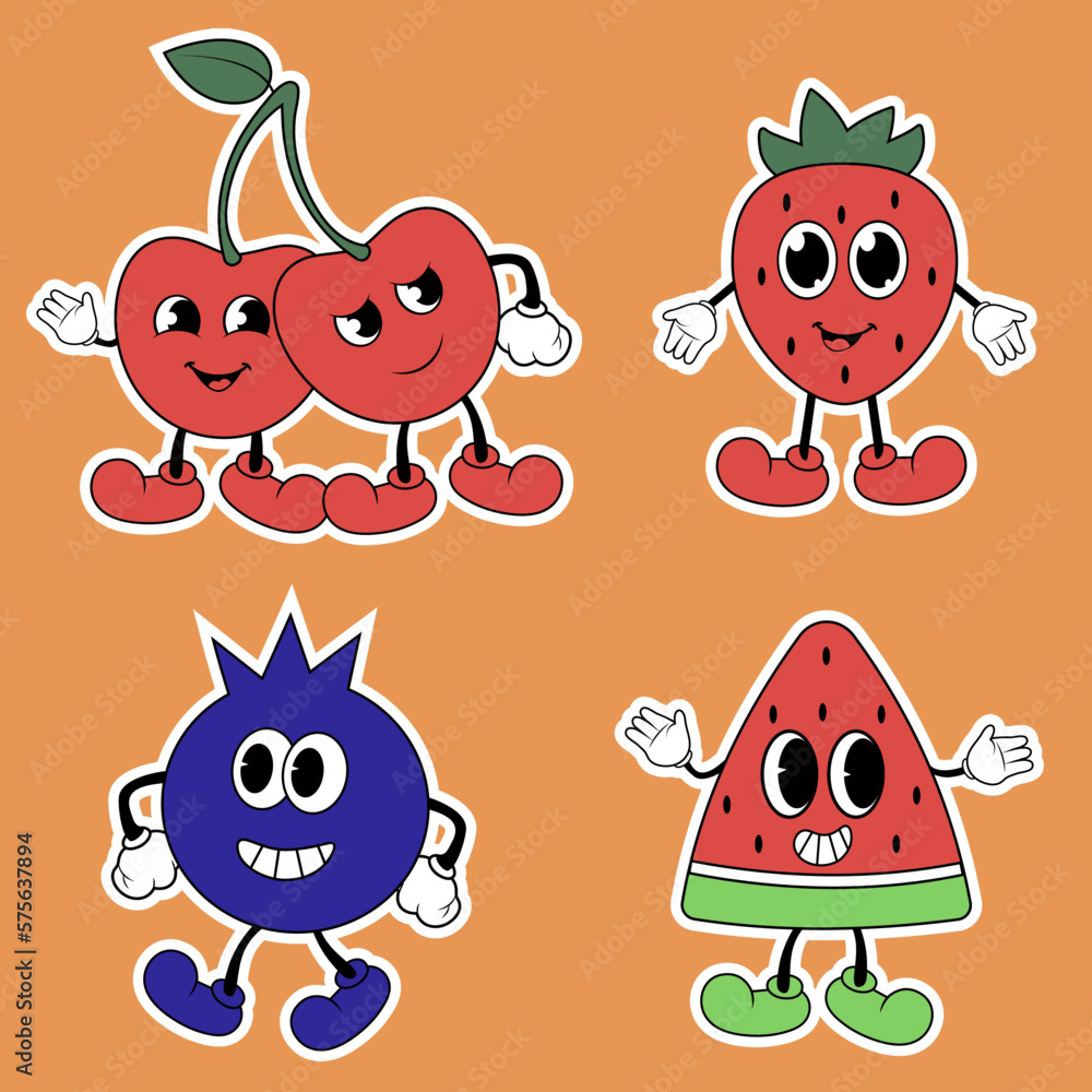 Cartoon Retro Comic Style Berries Character Set Y2k Stickers Pack 90s cartoon-retro-comic-style-berries-character-set-y2k-stickers-pack-90s
