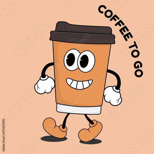 Coffee cup in retro y2k style. Coffee groovy character poster.