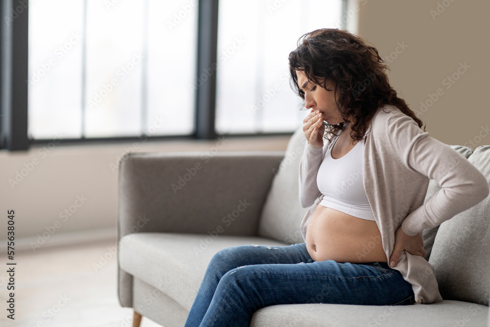 Morning Sickness. Pregnant Woman Suffering Nausea While Sitting On Couch At Home Morning Sickness. Pregnant Woman Suffering Nausea While Sitting On Couch At Home