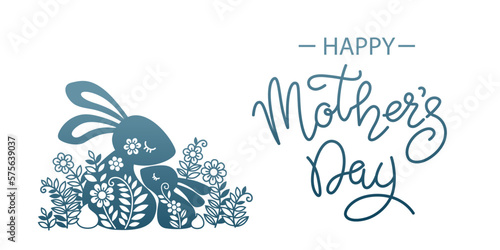 Vector illustration of a funny rabbit family among flowers and Happy Mothers day lettering
