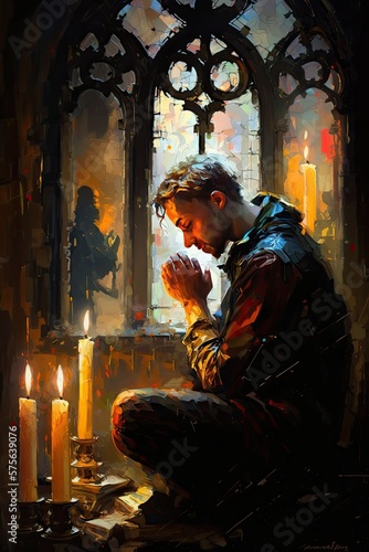 Candlelit Prayer in Stained Glass Ambiance, generative AI