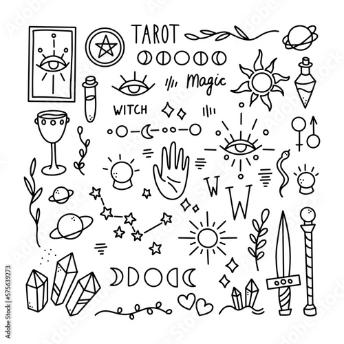 Vector Mystical big set in doodle style. Minor Arcana of Tarot cards. Wands, Cups, Swords, Pentacles. Supernatural. Magic elements.
