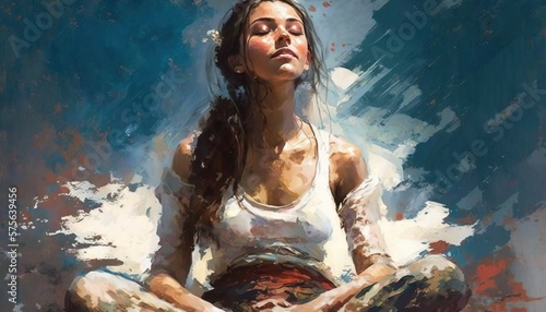 Beautiful Woman in meditation state illustration oil painting style. Full of joy and bliss concentration spiritual practice.  generative ai	 photo