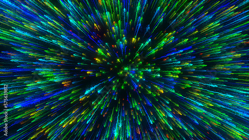 Colorful fireworks. Aerial flyight inside festive fireworks. Celestial beauty of the universe, speed of light, fireworks, red blue neon glow, stars, space. 3D render