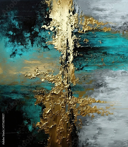 Generative AI illustration of abstract oil painting on textured canvas with lovely turquoise, grey and gold filaments interaction